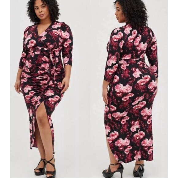 Torrid Dress 18W Black Pink Floral Maxi Ruched Date Night Vacation Party Bodycon - Picture 1 of 14